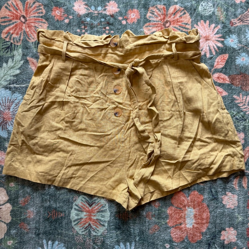 Grace & Co Mustard Yellow Linen Blend Paperbag Waist Shorts Size 14